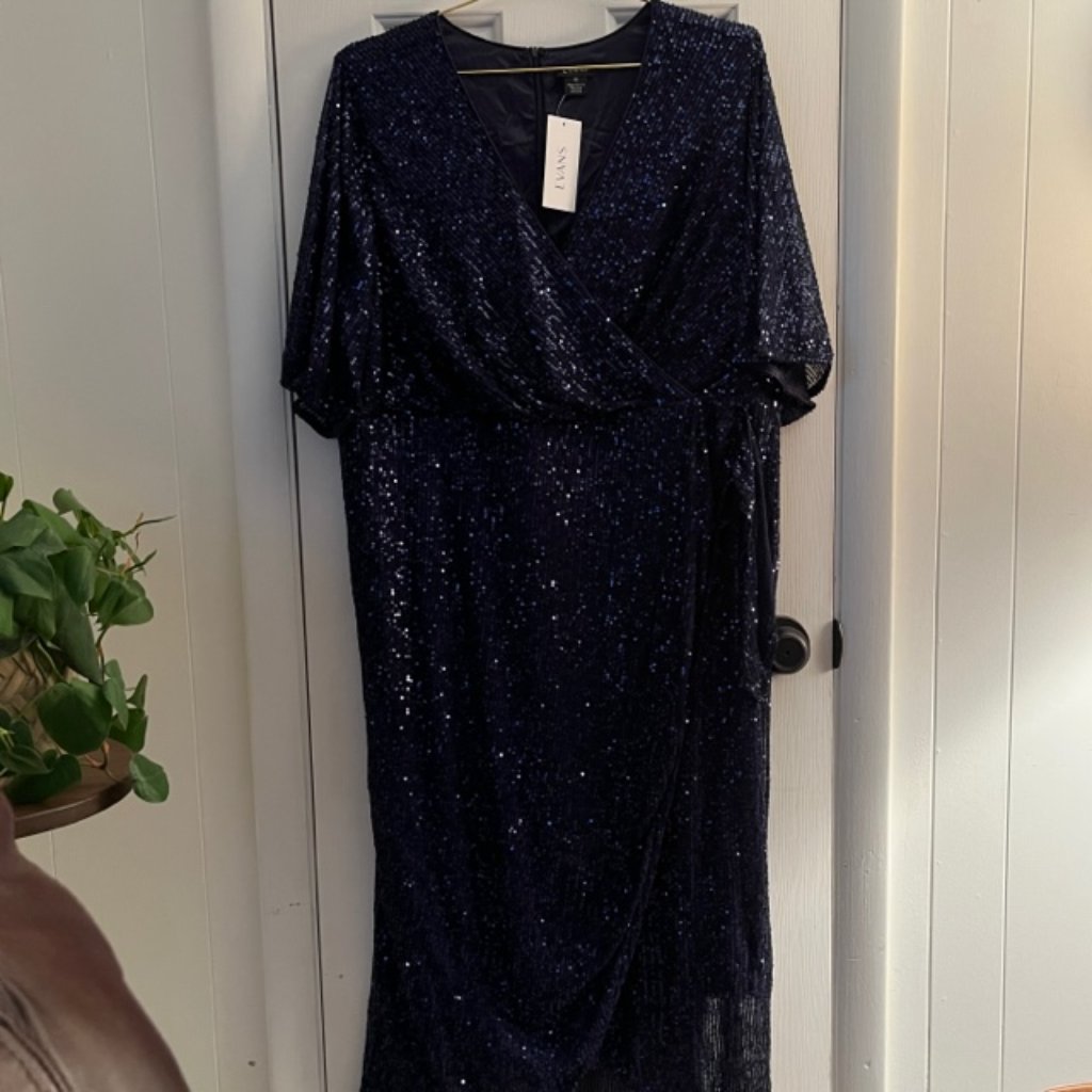 Navy Blue Sequin Midi Wrap Dress British Plus Brand Evans 18 Nwt